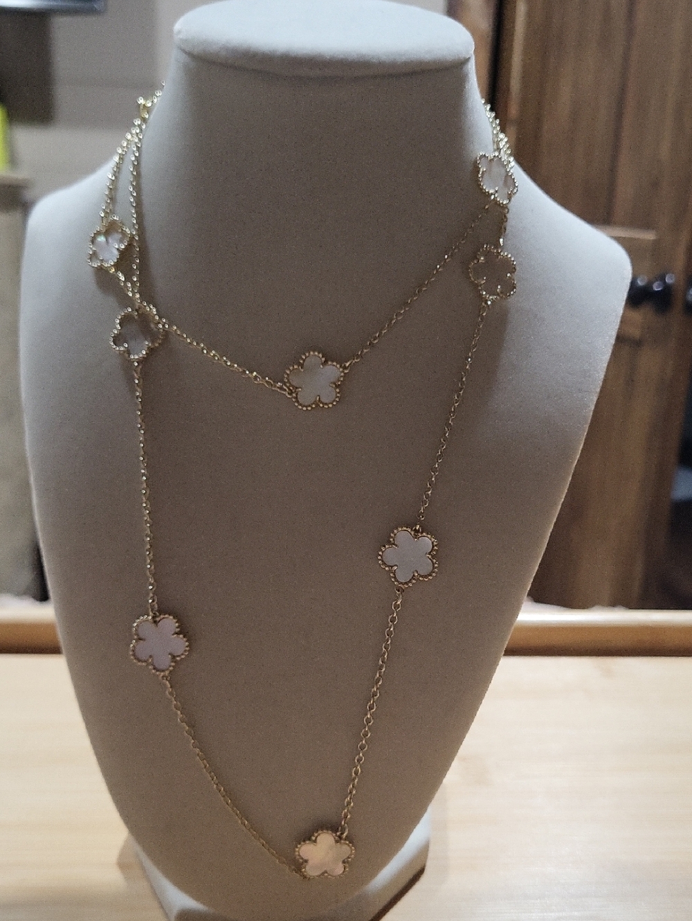 Gold Long Necklace with White Clover Accents